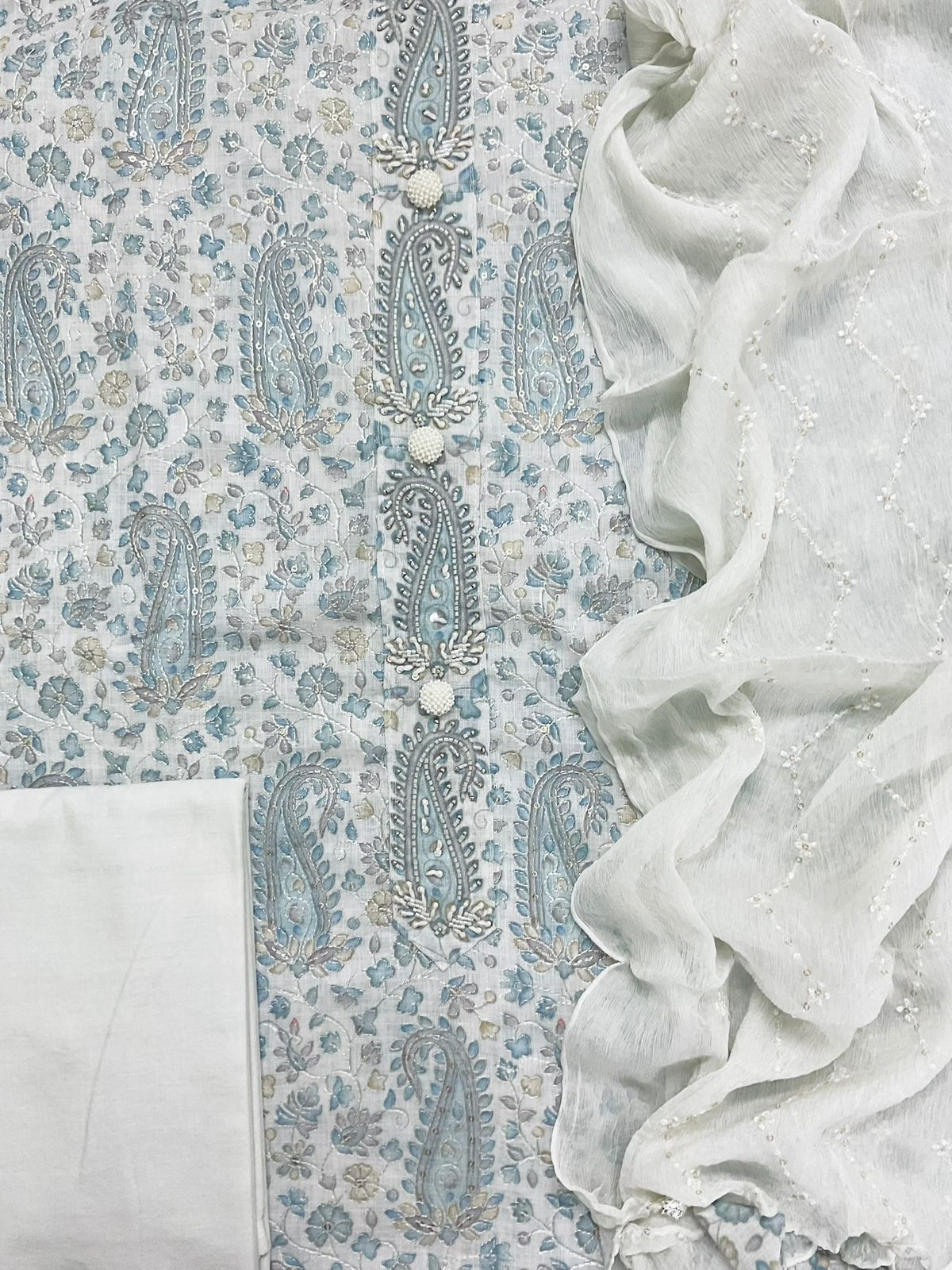 Soft Linen Jute Cotton Printed Embroidered Suit - Grey