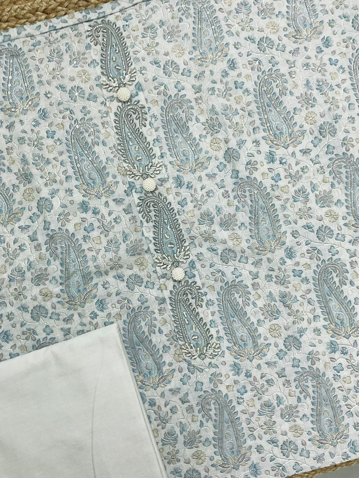 Soft Linen Jute Cotton Printed Embroidered Suit - Grey