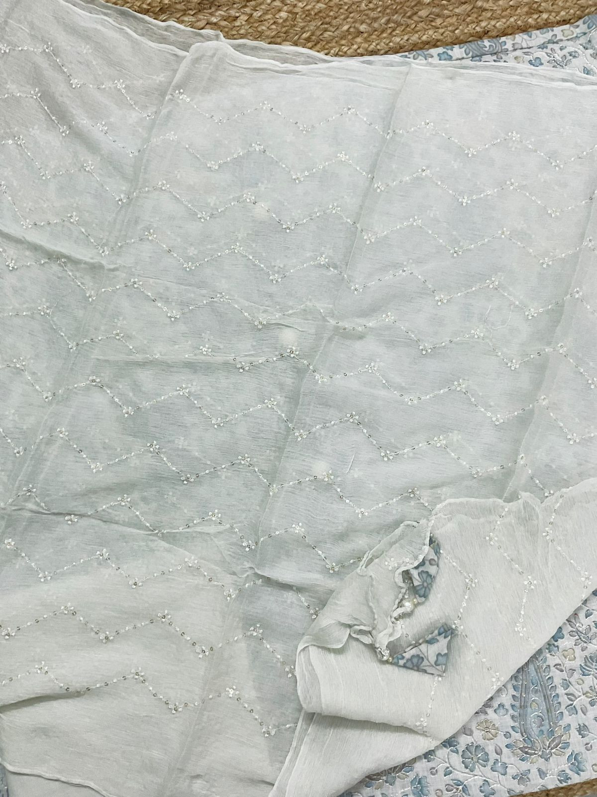 Soft Linen Jute Cotton Printed Embroidered Suit - Grey