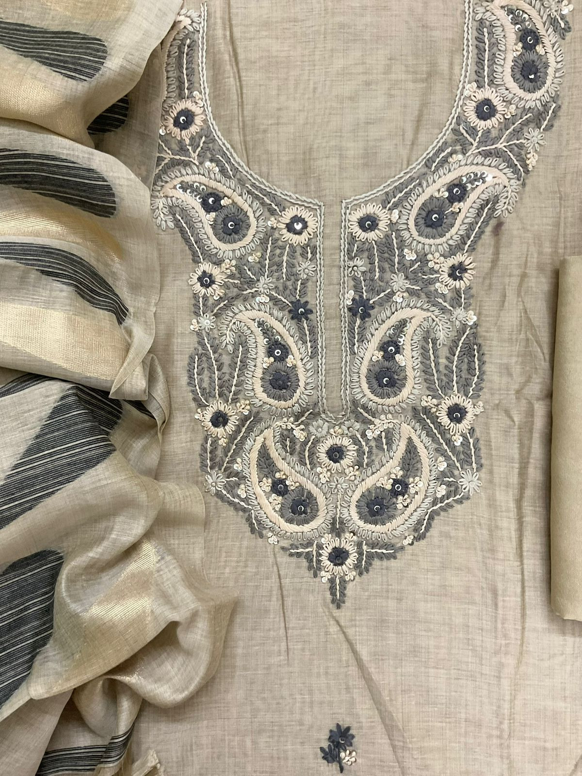 Soft Slub Chanderi Jamdani Weaved Embroidered Suit - Beige