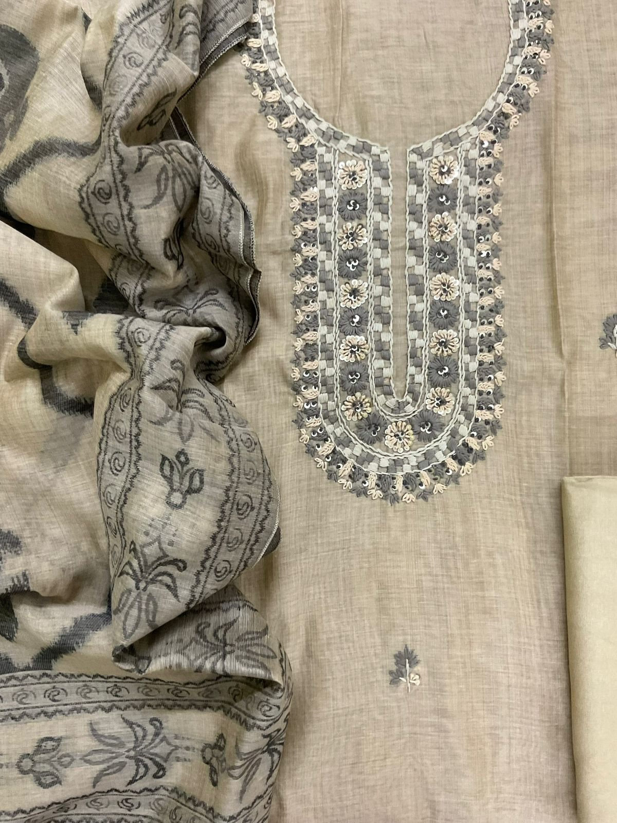 Soft Slub Chanderi Jamdani Weaved Embroidered Suit - Beige