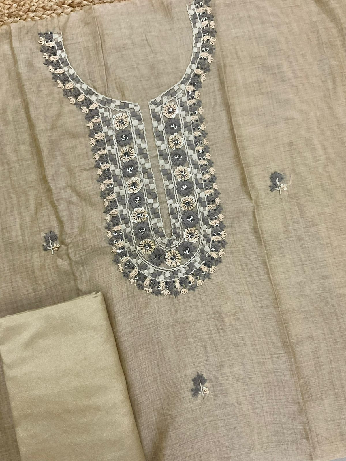 Soft Slub Chanderi Jamdani Weaved Embroidered Suit - Beige