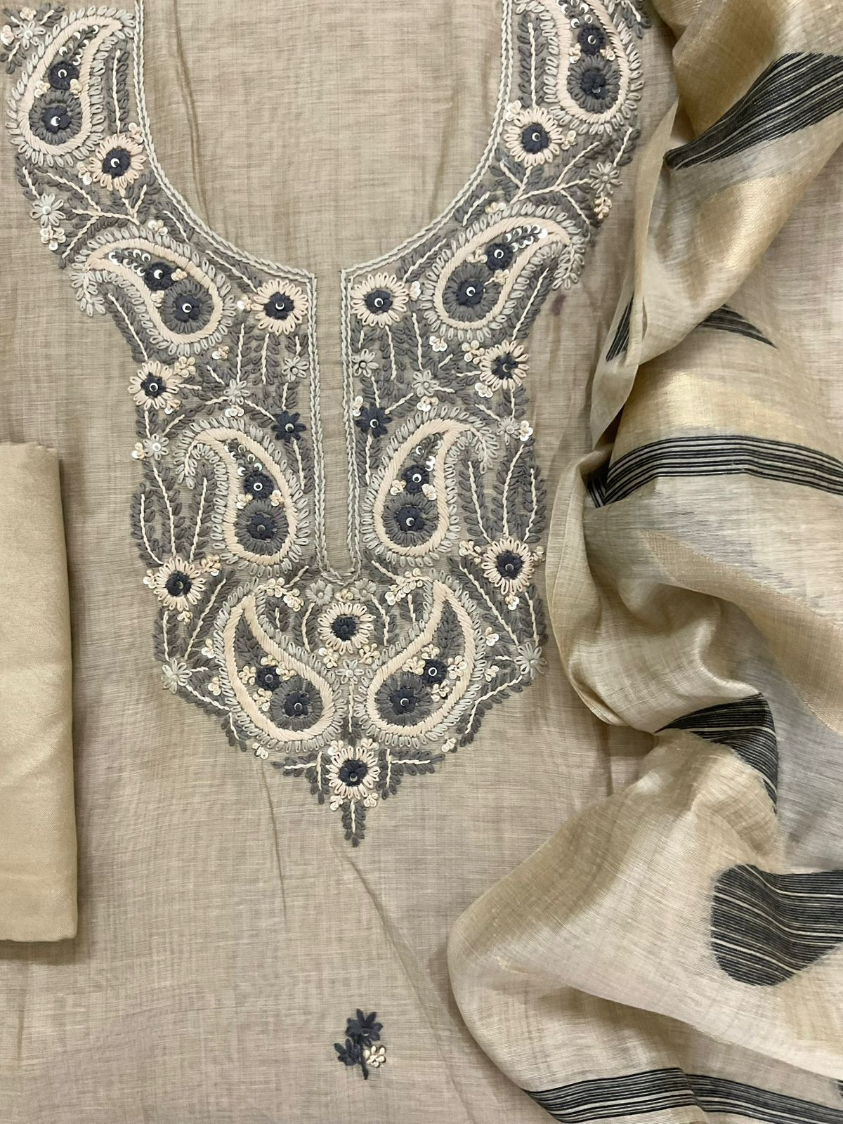 Soft Slub Chanderi Jamdani Weaved Embroidered Suit - Beige