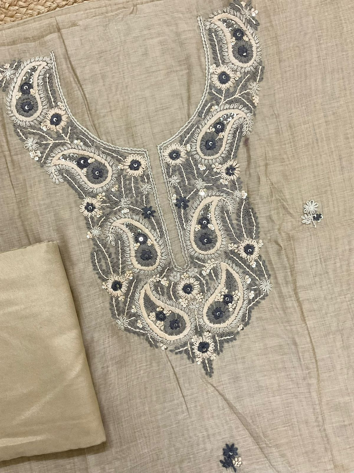 Soft Slub Chanderi Jamdani Weaved Embroidered Suit - Beige