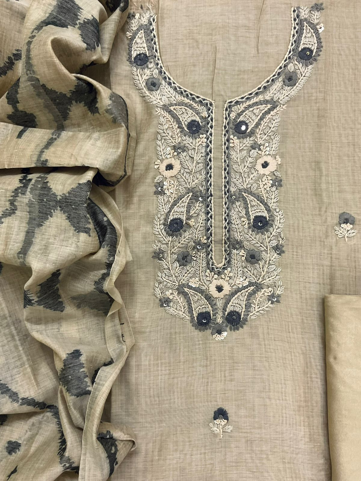 Soft Slub Chanderi Jamdani Weaved Embroidered Suit - Beige