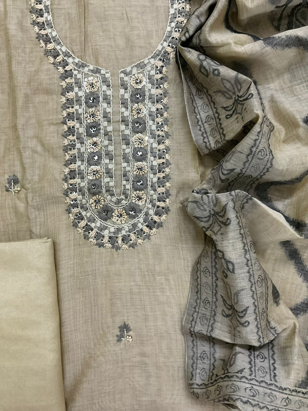 Soft Slub Chanderi Jamdani Weaved Embroidered Suit - Beige