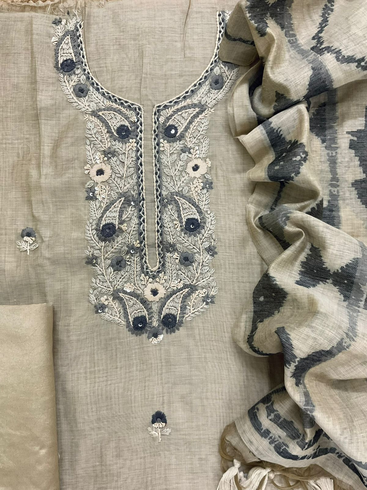 Soft Slub Chanderi Jamdani Weaved Embroidered Suit - Beige