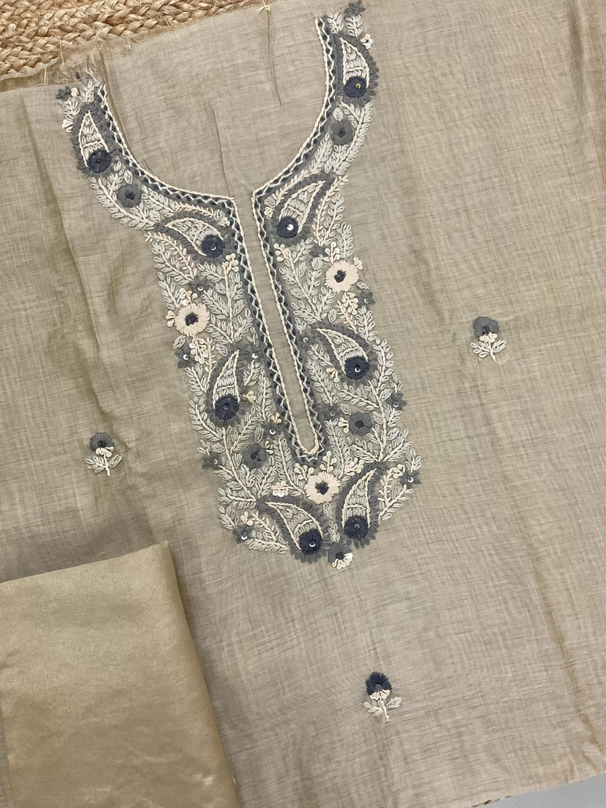 Soft Slub Chanderi Jamdani Weaved Embroidered Suit - Beige