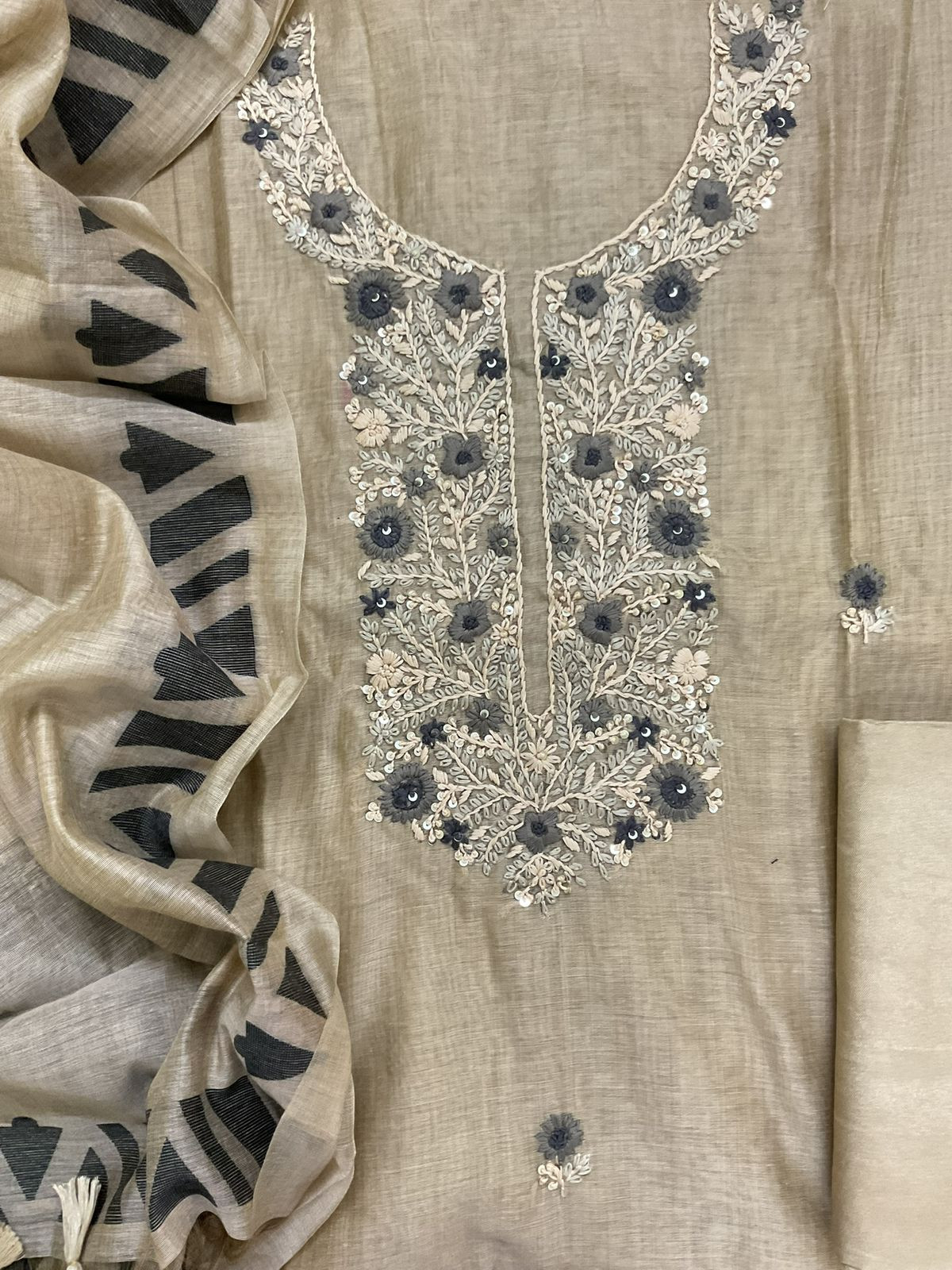 Soft Slub Chanderi Jamdani Weaved Embroidered Suit - Beige