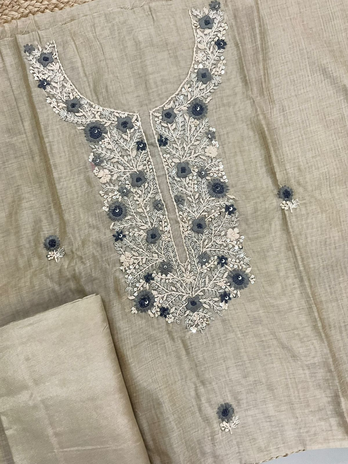 Soft Slub Chanderi Jamdani Weaved Embroidered Suit - Beige