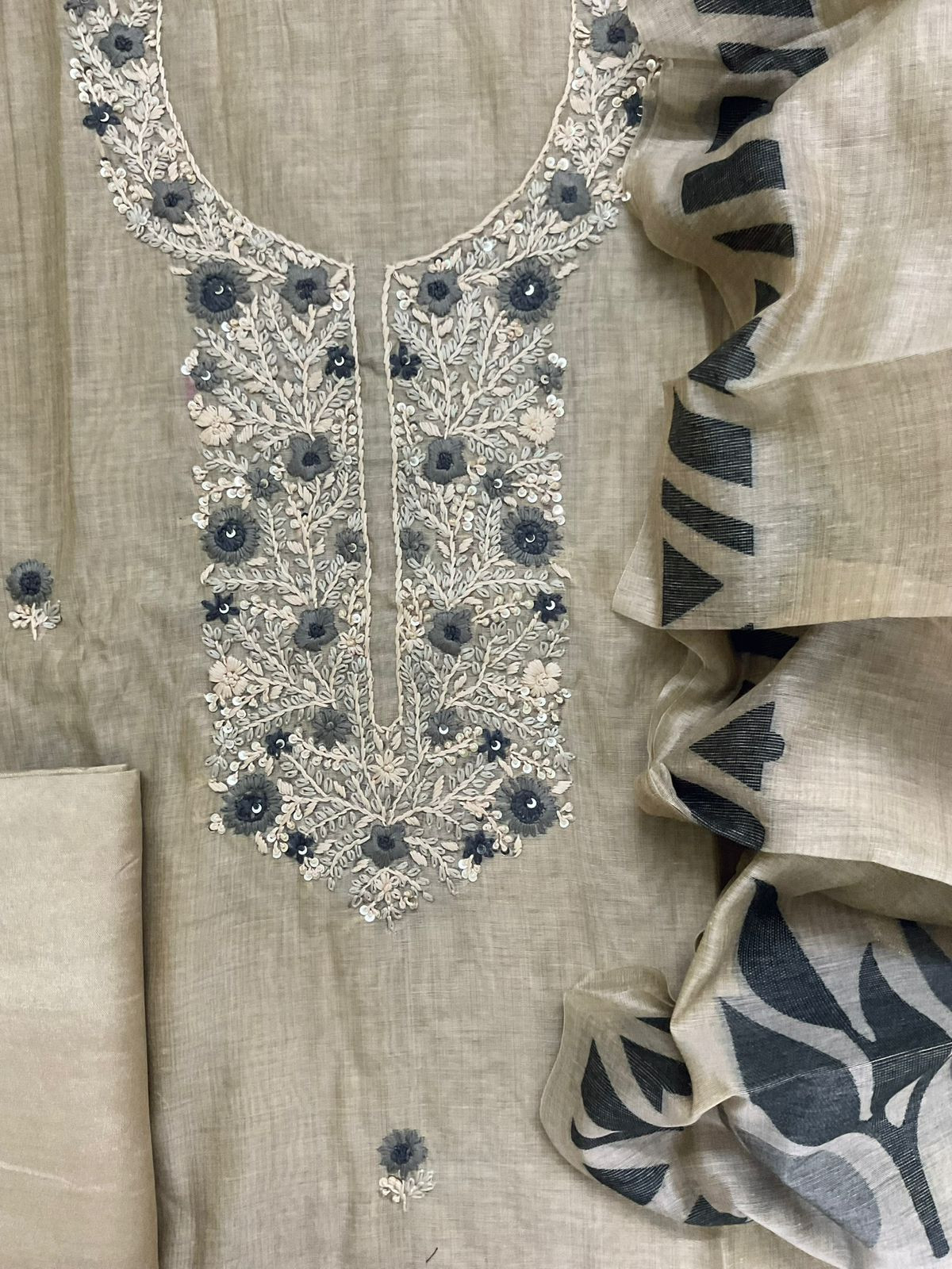 Soft Slub Chanderi Jamdani Weaved Embroidered Suit - Beige