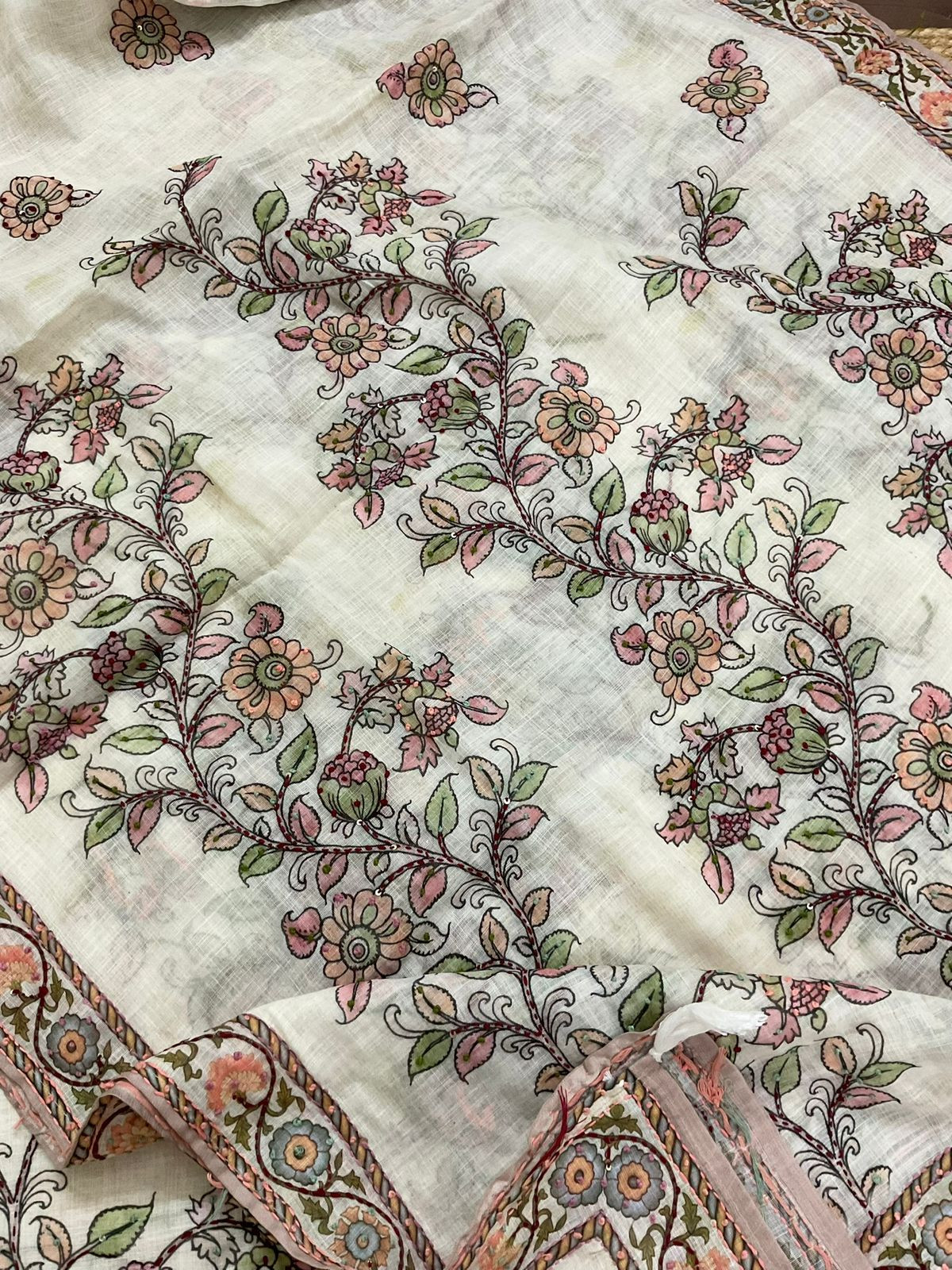 Soft Linen Jute Cotton Printed Embroidered Suit - Off White