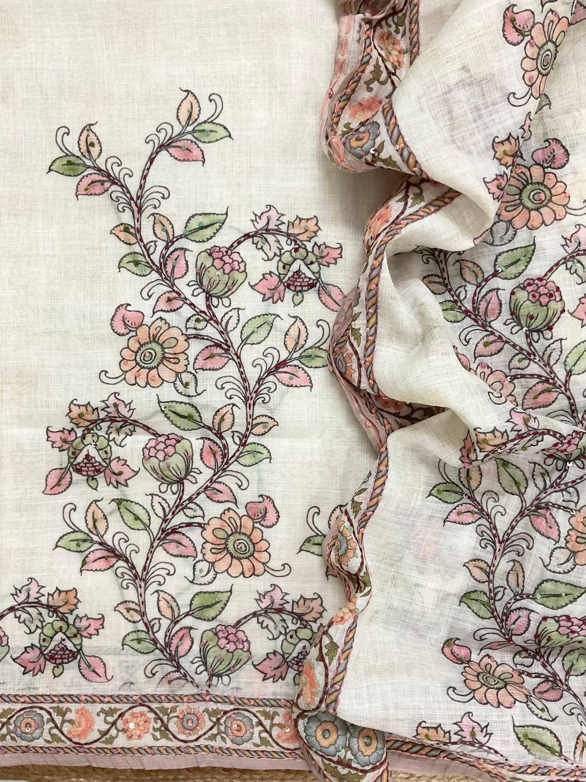 Soft Linen Jute Cotton Printed Embroidered Suit - Off White