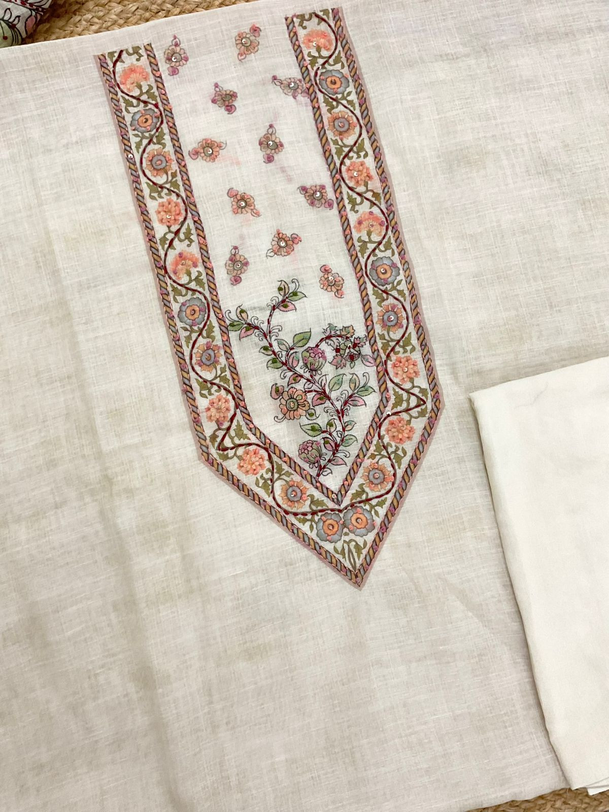 Soft Linen Jute Cotton Printed Embroidered Suit - Off White