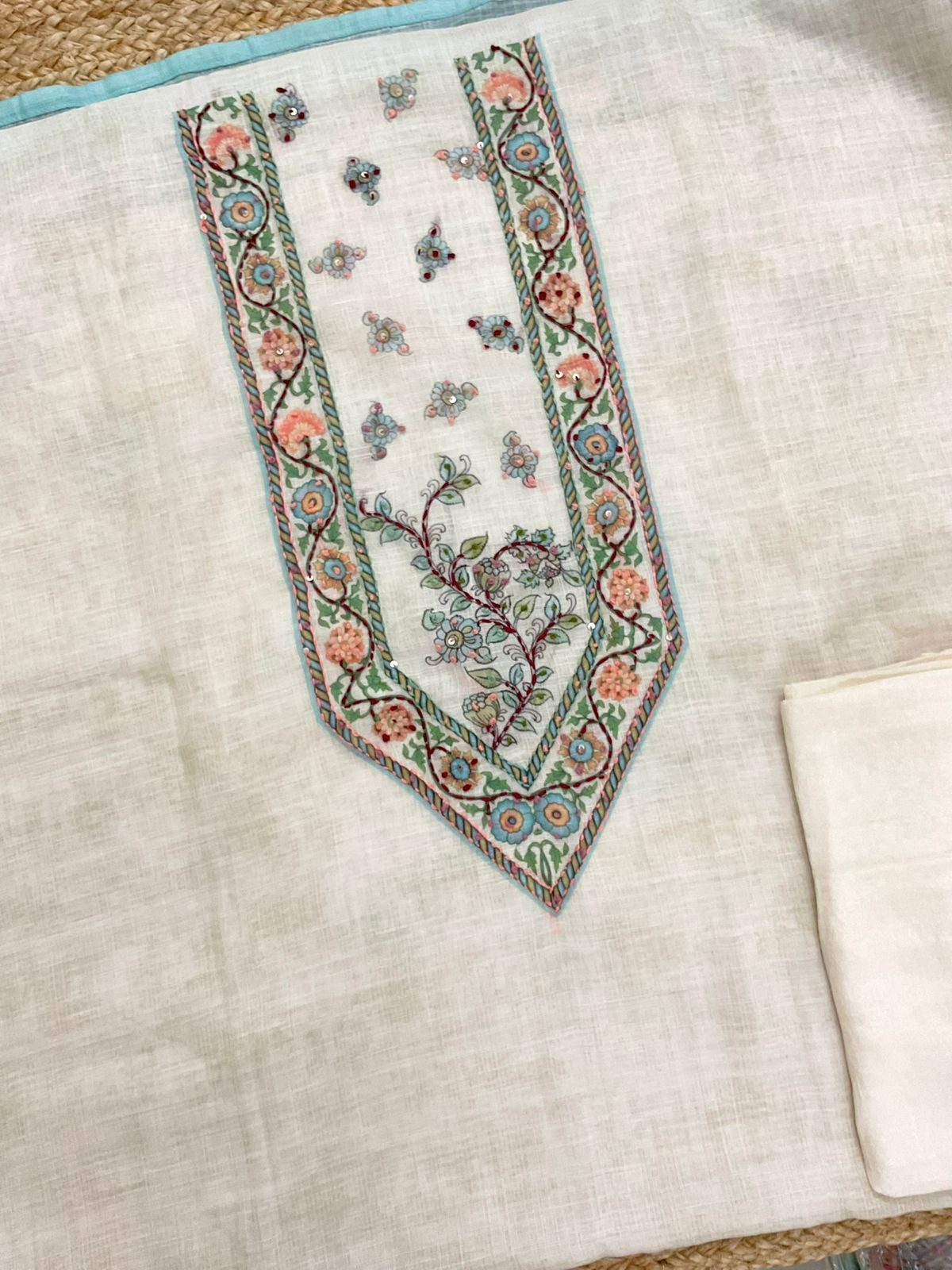 Soft Linen Jute Cotton Printed Embroidered Suit - Off White