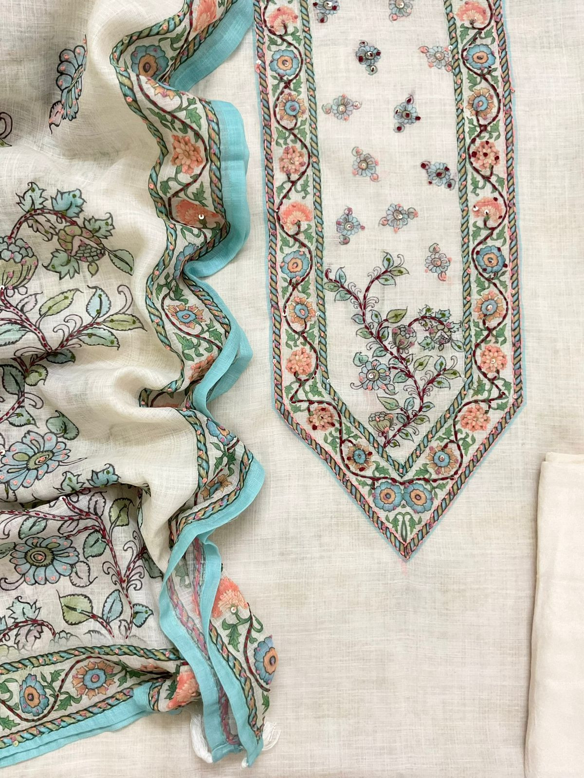 Soft Linen Jute Cotton Printed Embroidered Suit - Off White