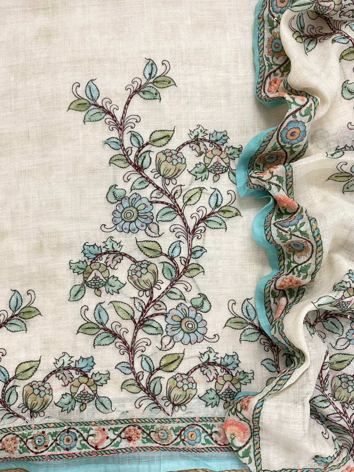 Soft Linen Jute Cotton Printed Embroidered Suit - Off White
