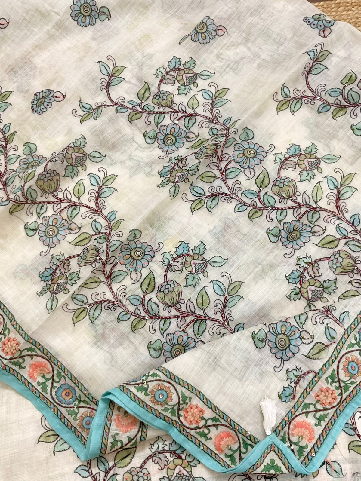 Soft Linen Jute Cotton Printed Embroidered Suit - Off White