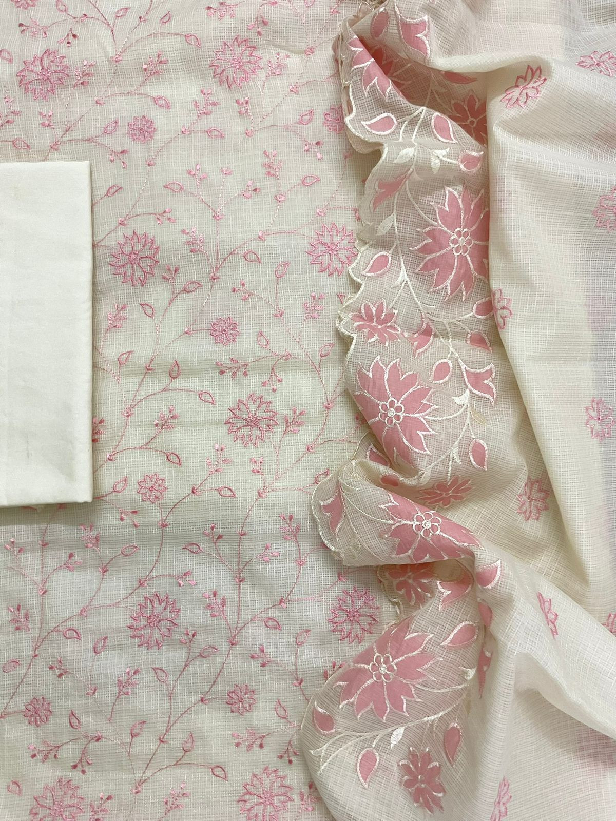 Soft Kota Silk Embroidered Suit - Off White