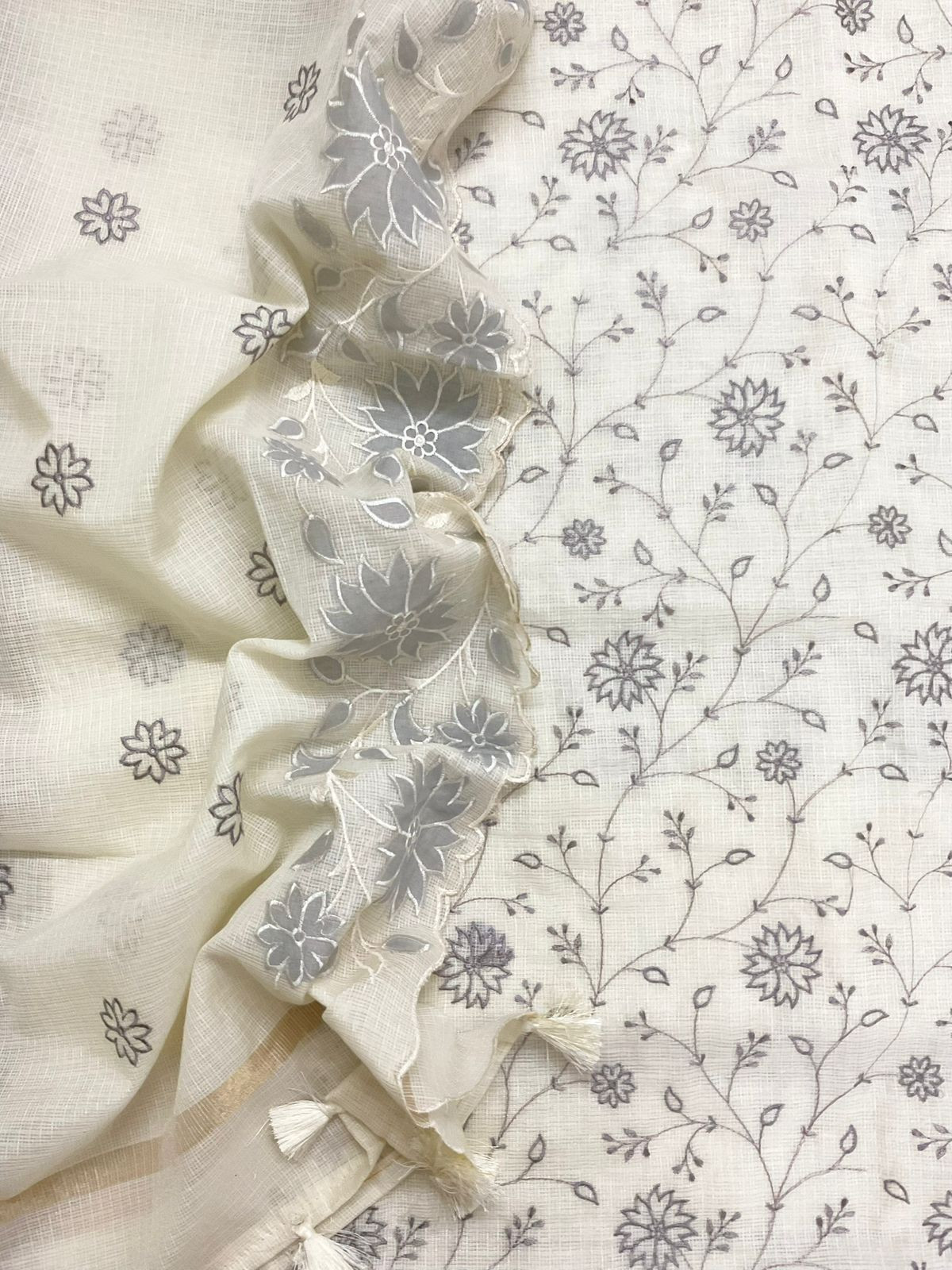 Soft Kota Silk Embroidered Suit - Off White