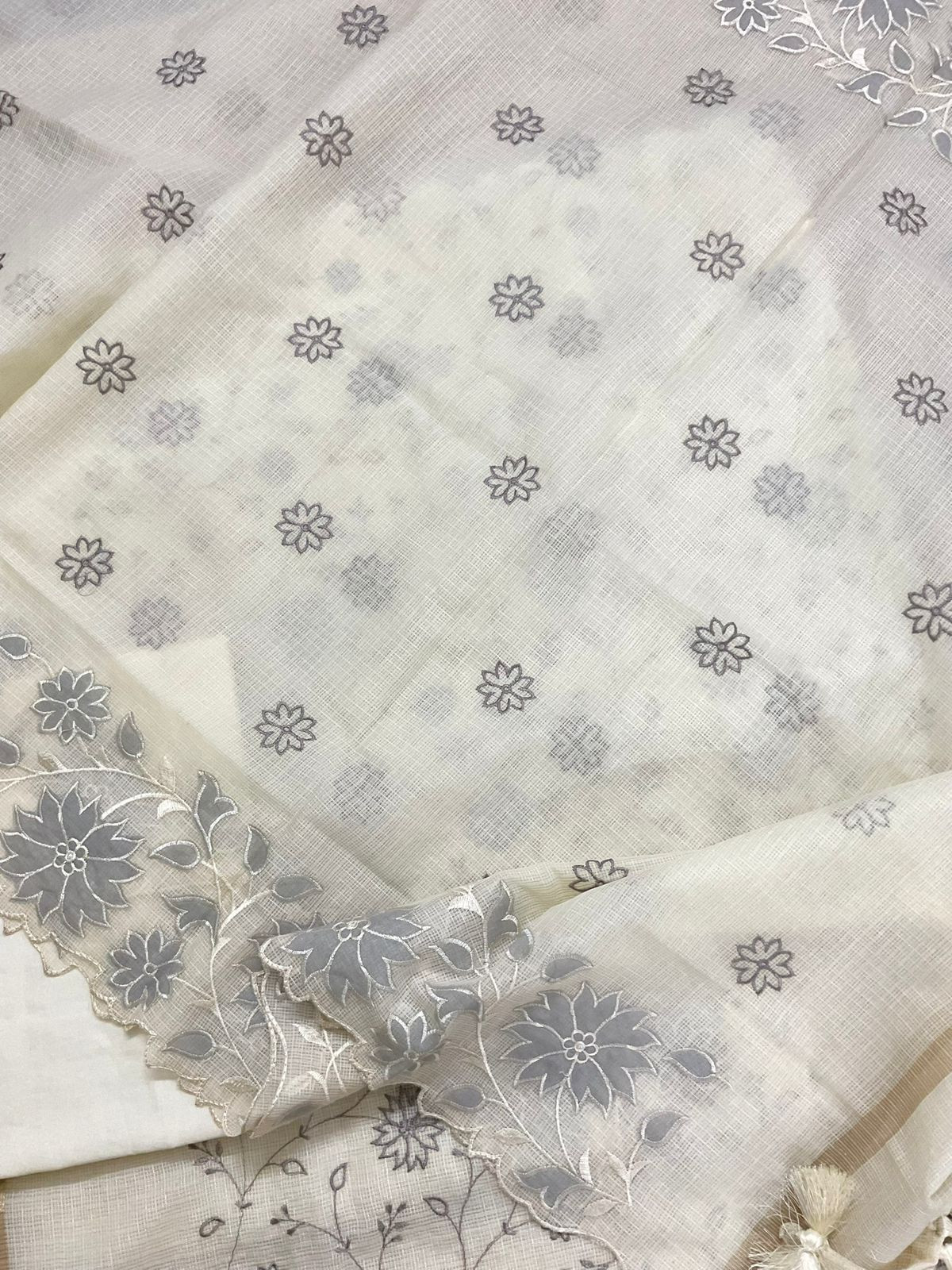 Soft Kota Silk Embroidered Suit - Off White