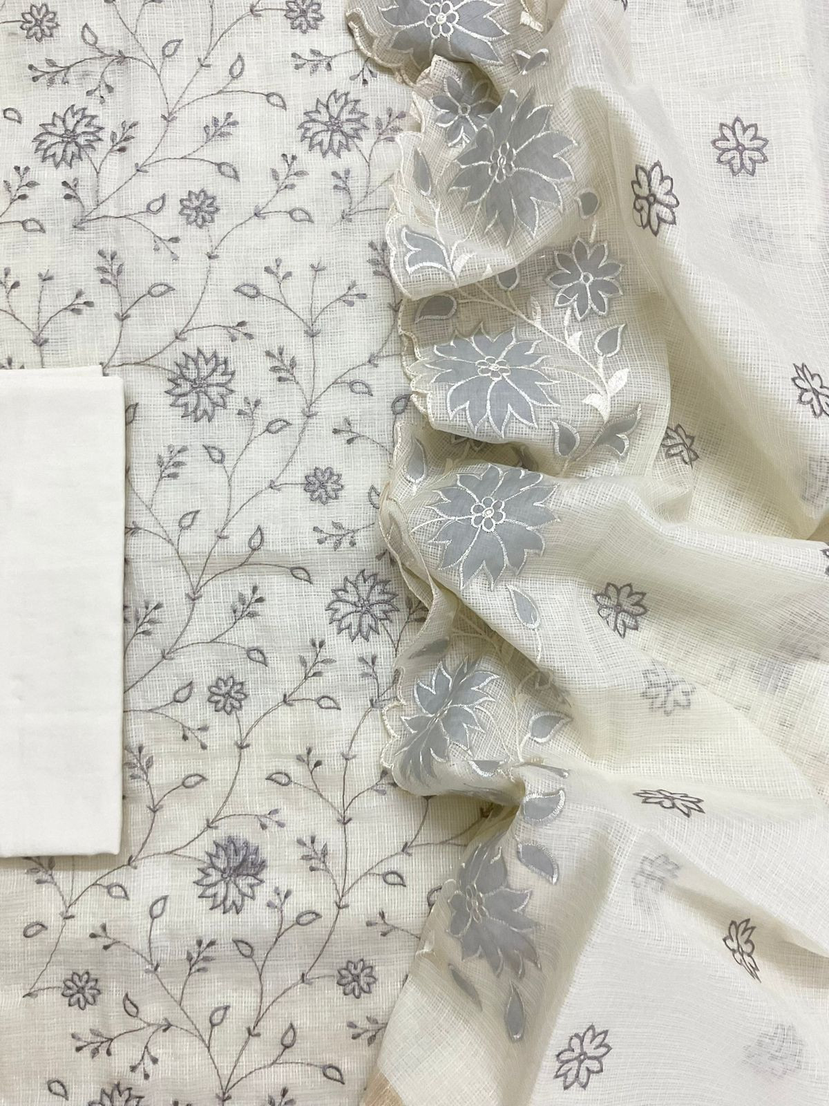 Soft Kota Silk Embroidered Suit - Off White