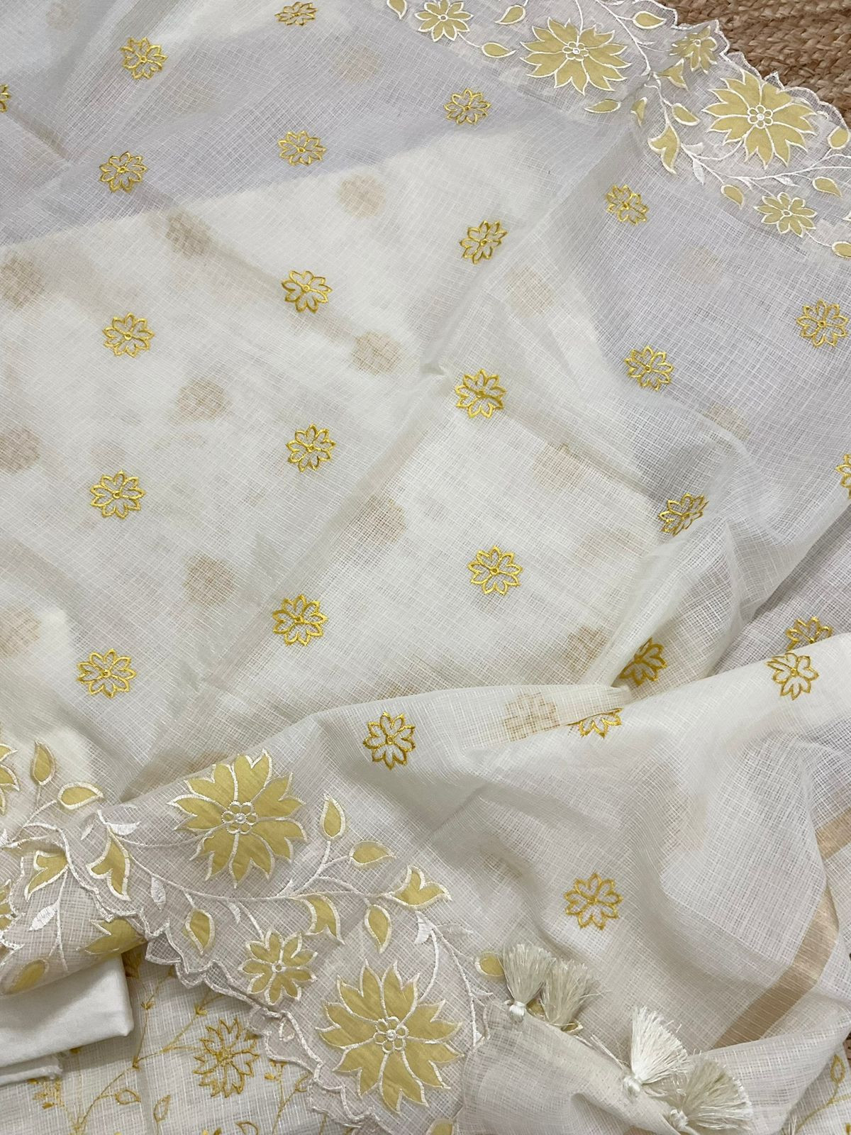 Soft Kota Silk Embroidered Suit - Off White