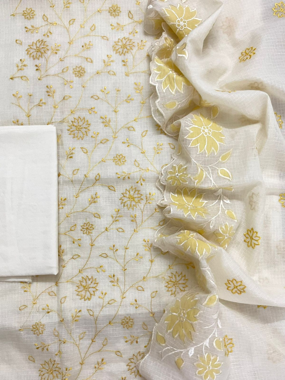 Soft Kota Silk Embroidered Suit - Off White
