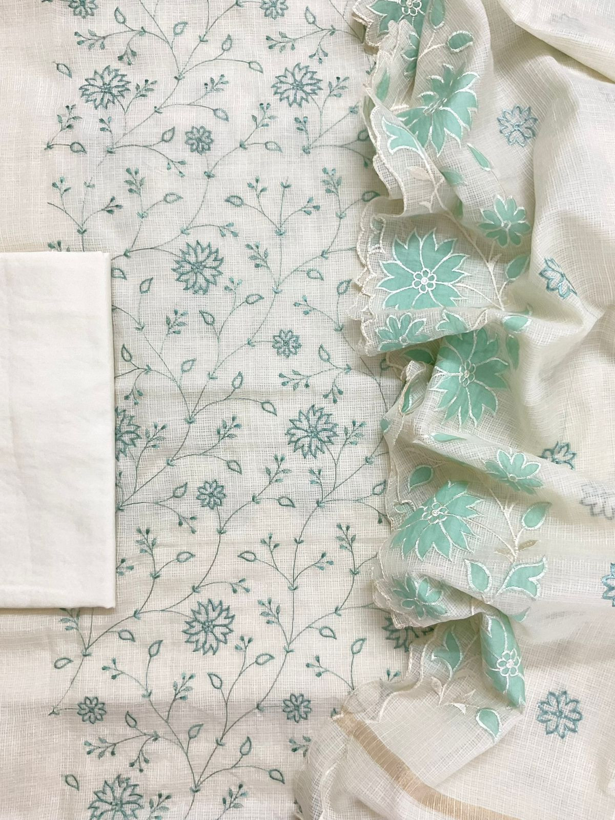 Soft Kota Silk Embroidered Suit - Off White