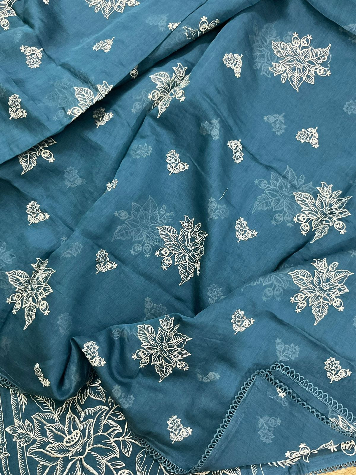 Pure Chanderi Embroidered Suit - Blue