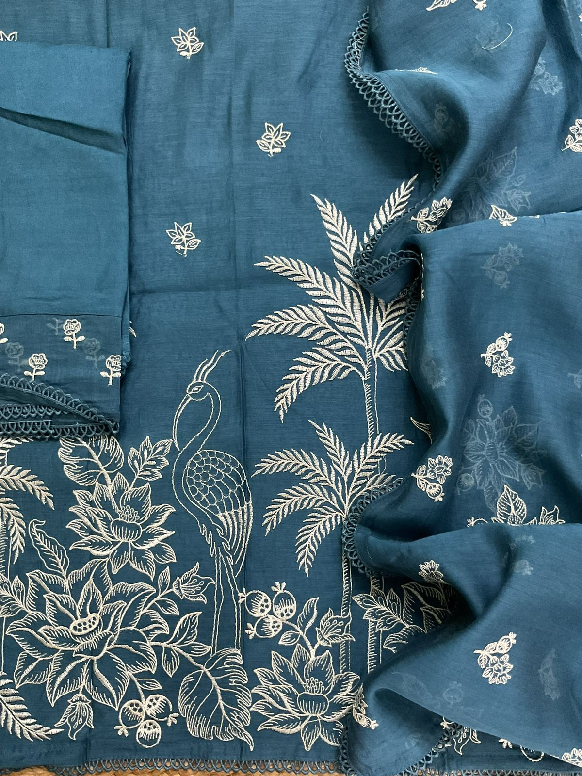 Pure Chanderi Embroidered Suit - Blue