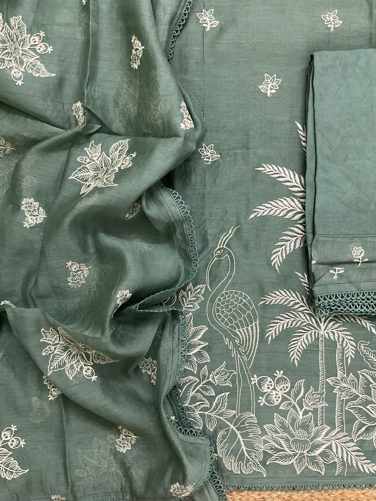 Pure Chanderi Embroidered Suit - Green