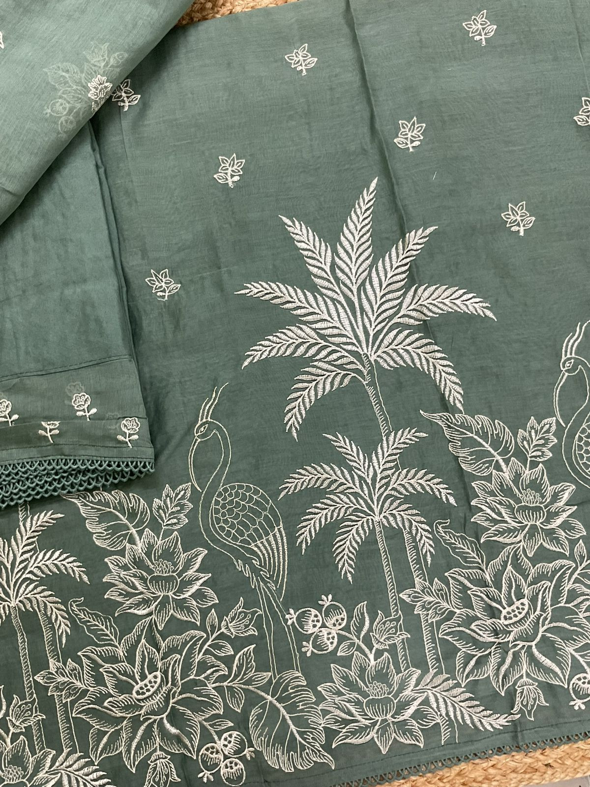 Pure Chanderi Embroidered Suit - Green