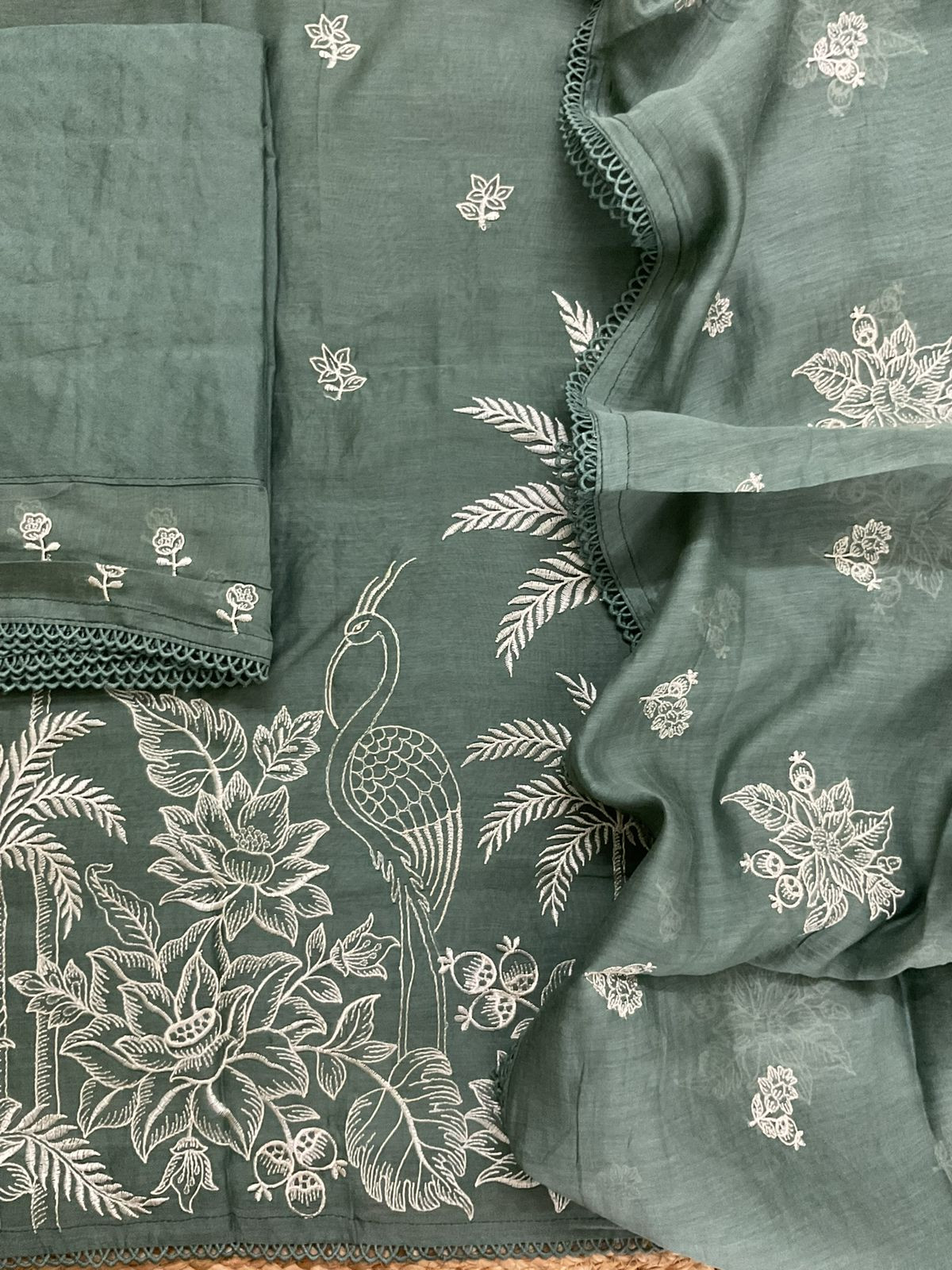 Pure Chanderi Embroidered Suit - Green