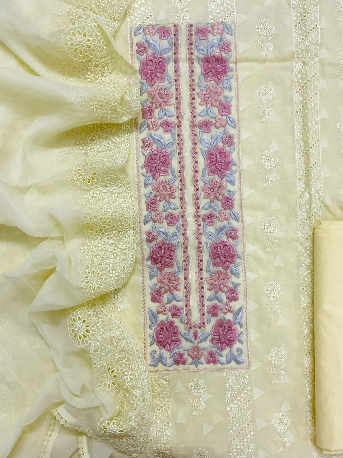 Pure Cotton Self Weaved Embroidered Suit - Yellow