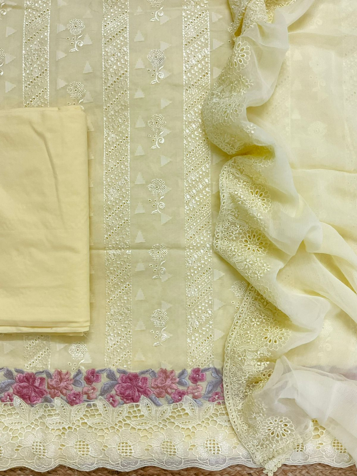 Pure Cotton Self Weaved Embroidered Suit - Yellow