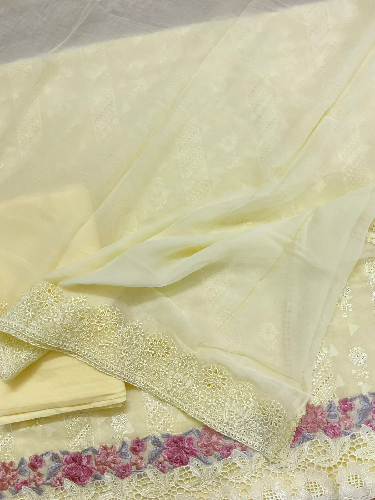 Pure Cotton Self Weaved Embroidered Suit - Yellow