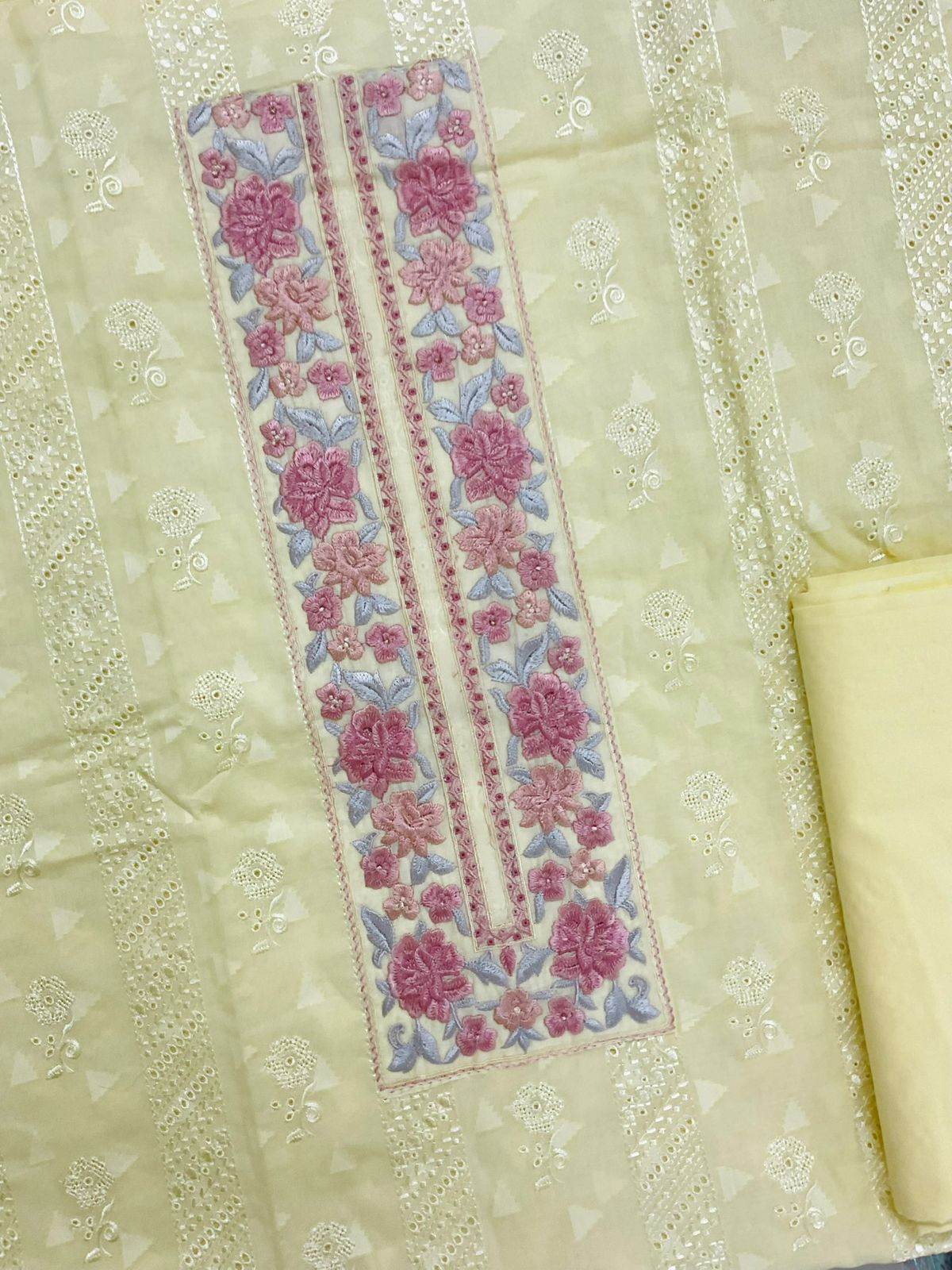 Pure Cotton Self Weaved Embroidered Suit - Yellow