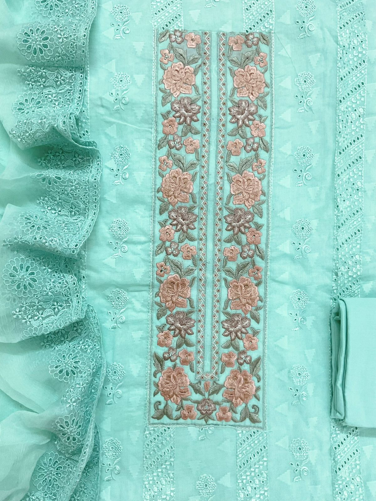 Pure Cotton Self Weaved Embroidered Suit - Green