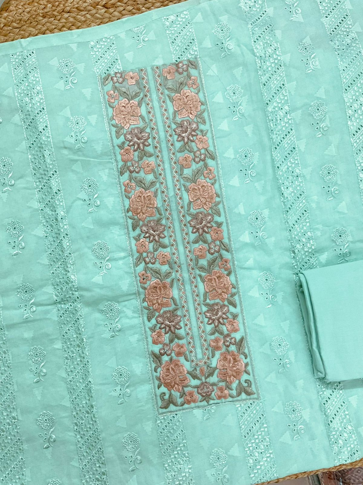 Pure Cotton Self Weaved Embroidered Suit - Green