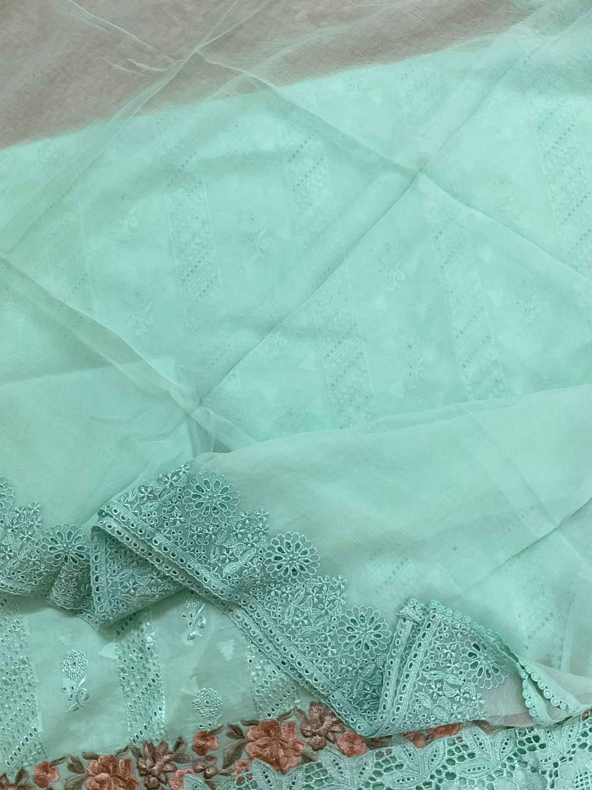 Pure Cotton Self Weaved Embroidered Suit - Green