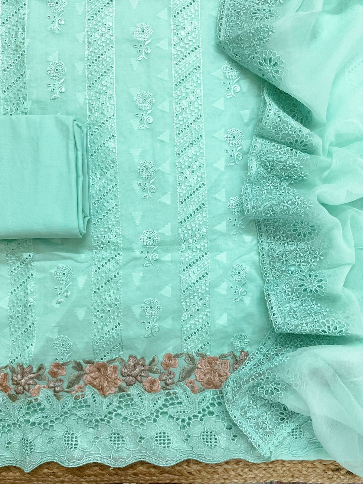 Pure Cotton Self Weaved Embroidered Suit - Green