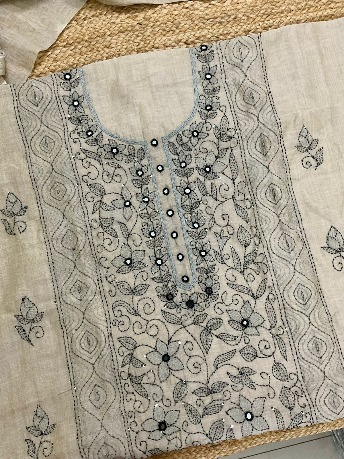 Pure Slub Chanderi Jamdani Weaved Embroidered Suit - Beige
