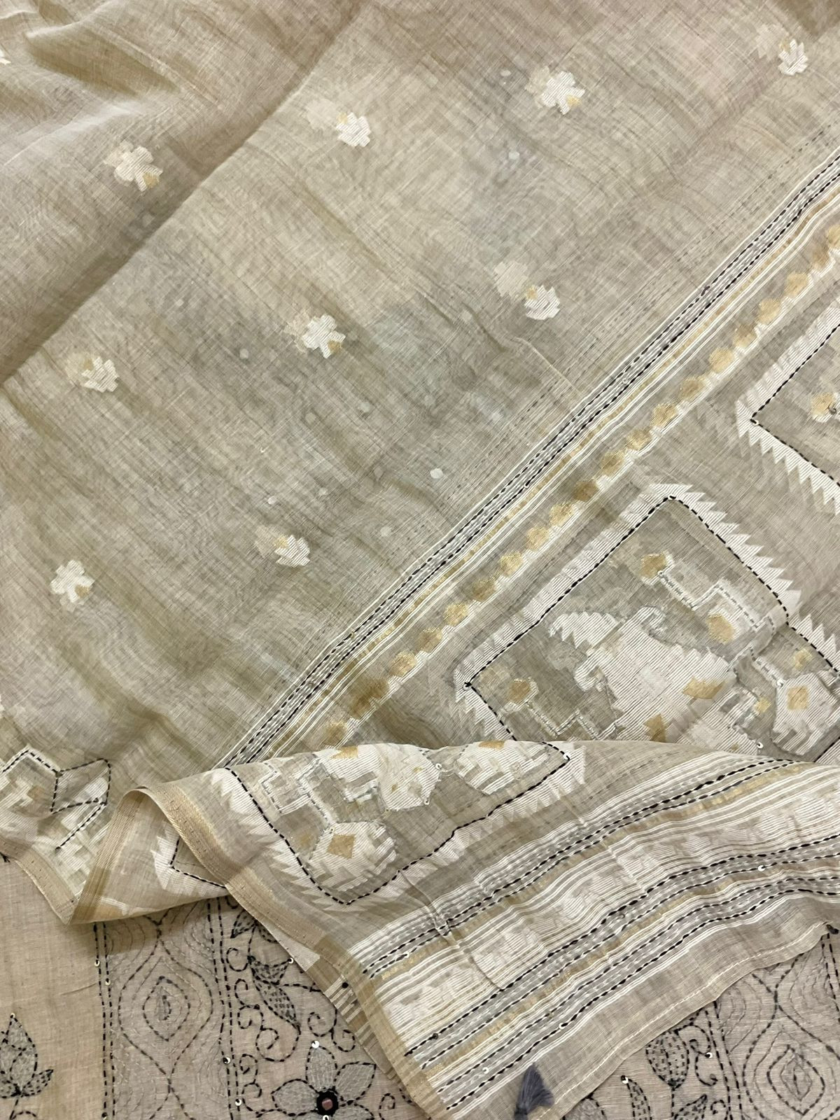 Pure Slub Chanderi Jamdani Weaved Embroidered Suit - Beige