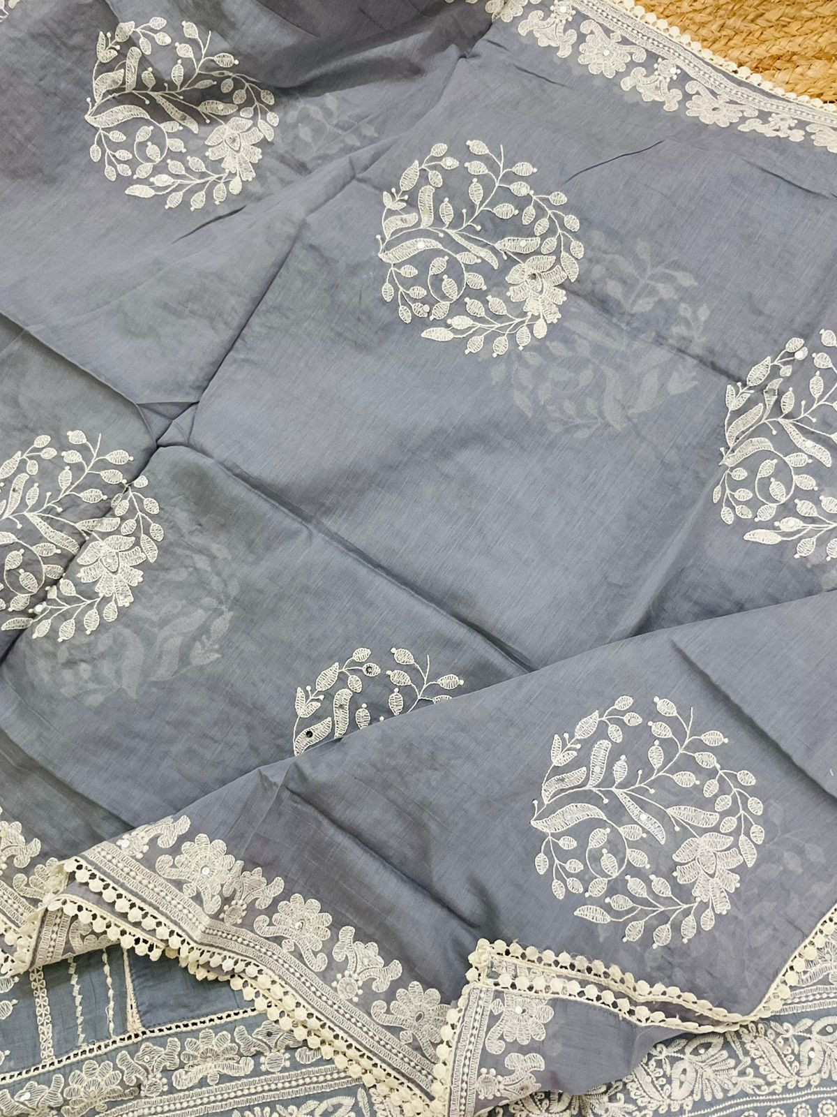 Pure Chanderi Embroidered Suit - Grey