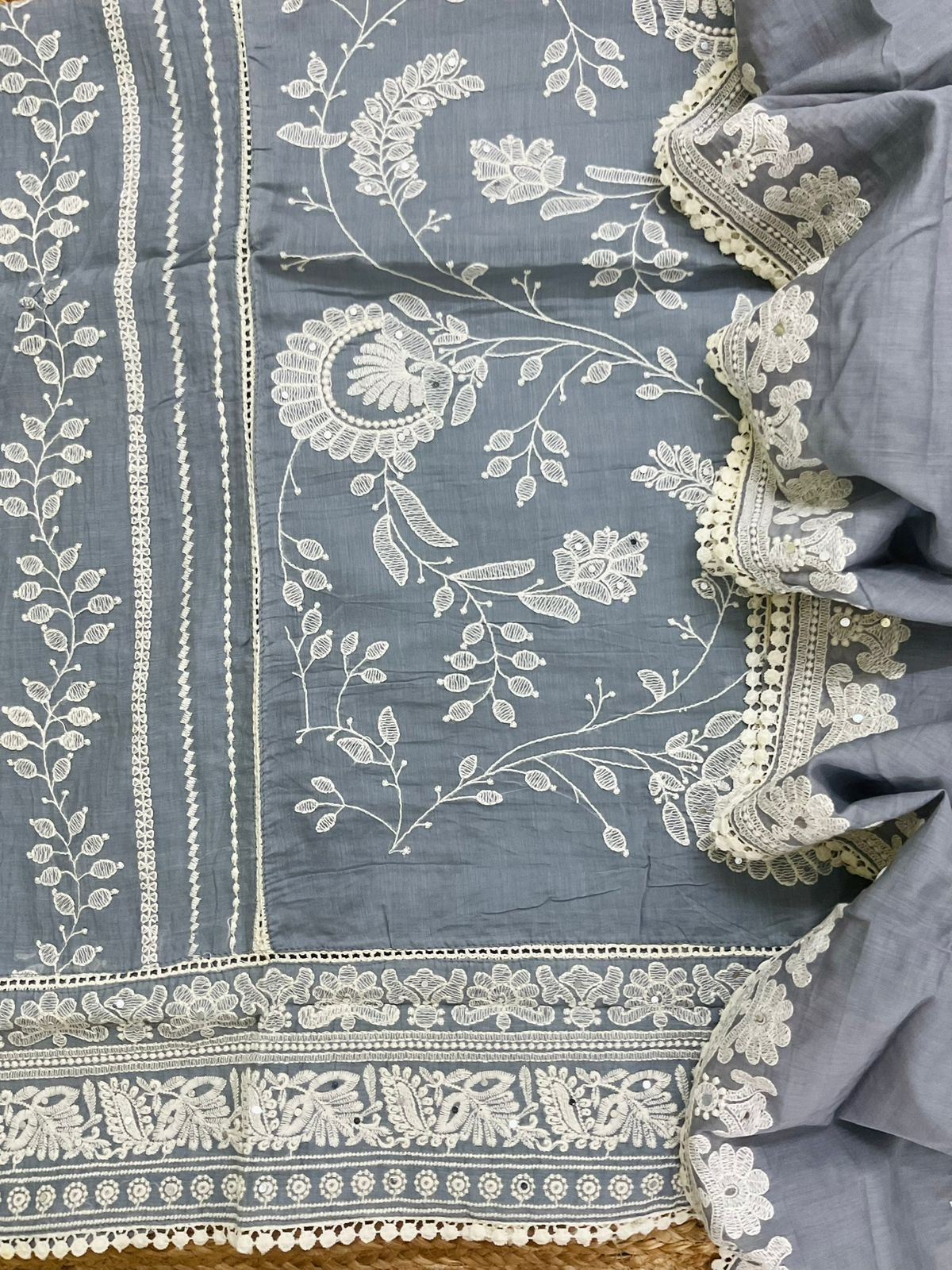 Pure Chanderi Embroidered Suit - Grey