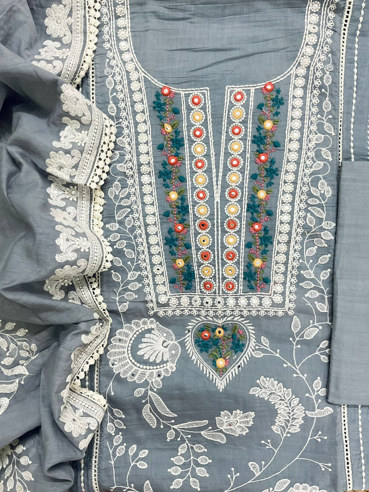 Pure Chanderi Embroidered Suit - Grey