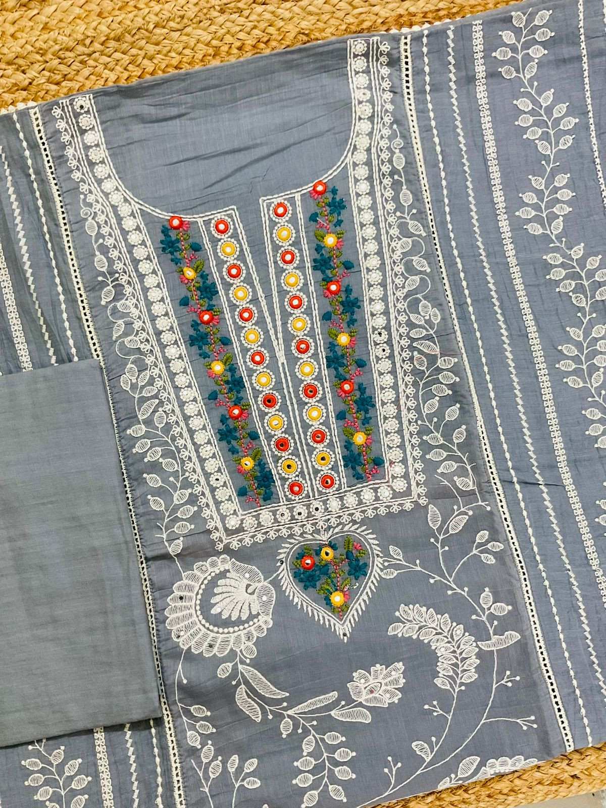Pure Chanderi Embroidered Suit - Grey