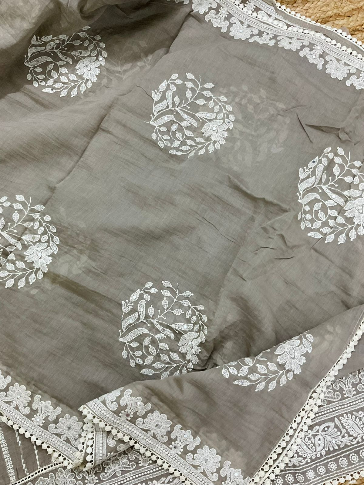 Pure Chanderi Embroidered Suit - Beige