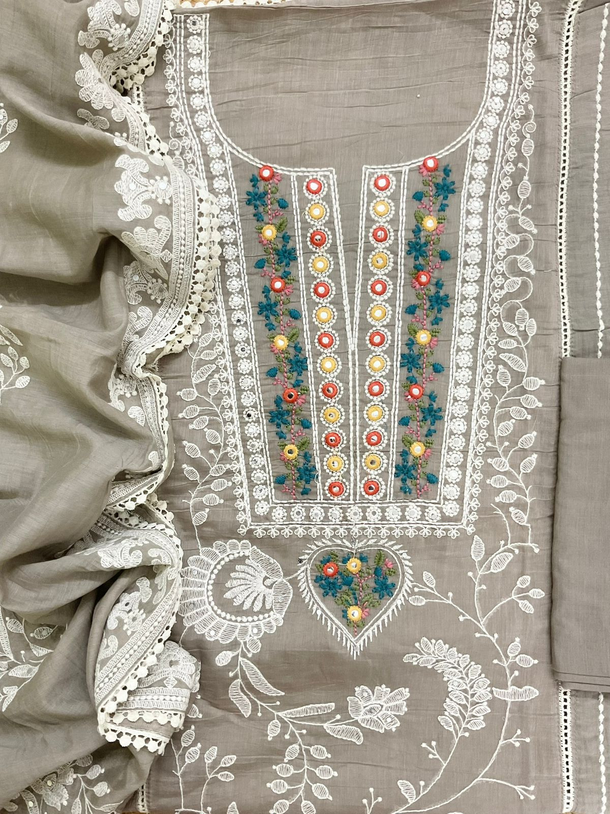 Pure Chanderi Embroidered Suit - Beige